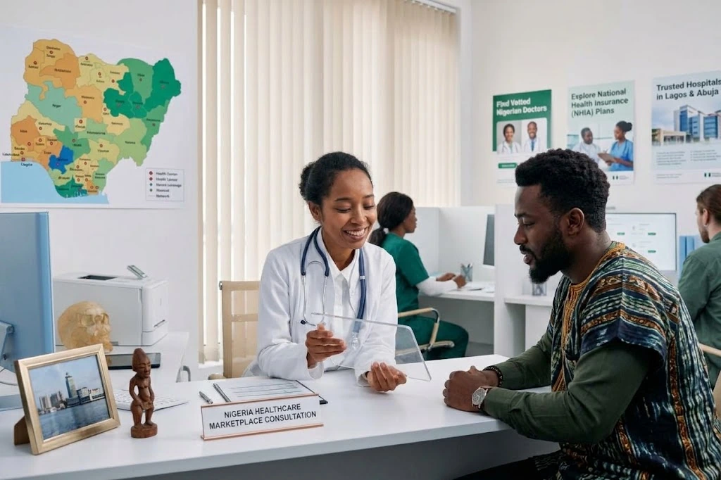 A clinician discussing care with a patient in a consultation room