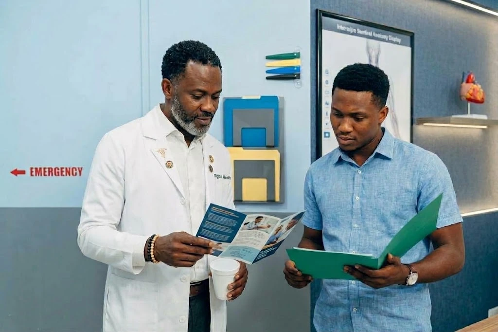 A clinician and patient reviewing care information together